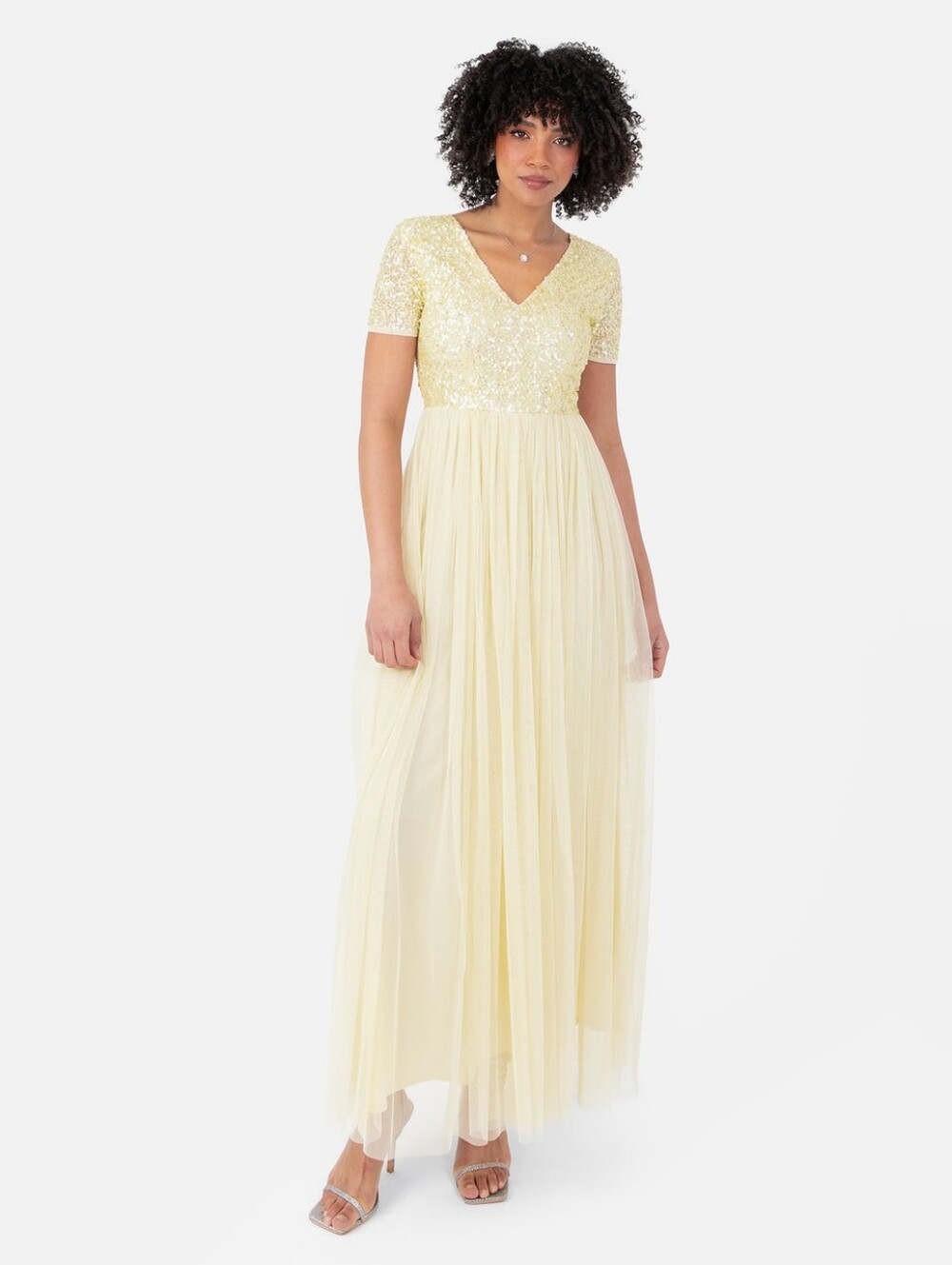 Maya Maternity Cap Sleeve Delicate Sequin Detail Tulle Maxi Dress in Lemon 10 - Picture 9 of 15